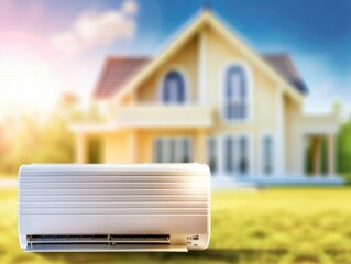 Wall Mural - A white air conditioner is sitting on a grassy lawn in front of a yellow house