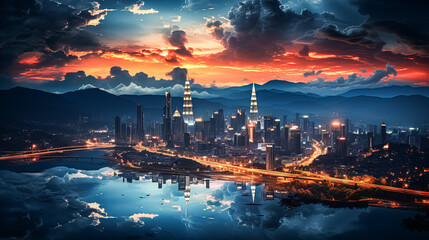 Wall Mural - A city skyline with a red and orange sunset in the background.