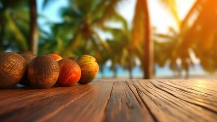 Whole coconuts with brown and rough texture on rustic wooden table with tropical palm background at sea with blue sky and golden sun ray shining. Summer refreshment and exotic cuisine concept. AIG35.
