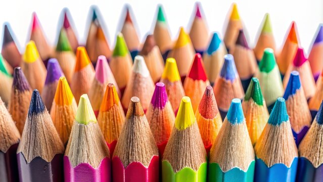 Vibrant color pencils isolated on a pure white background, shot in extreme close-up, showcasing a stunning rainbow of colors, perfect for illustration and design projects.