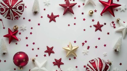 Poster - Festive flatlay with stars and snowflakes on white surface