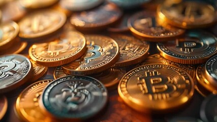 Poster - This close-up view of cryptocurrency coins. Bitcoins in the form of gold coins lie in scattered background
