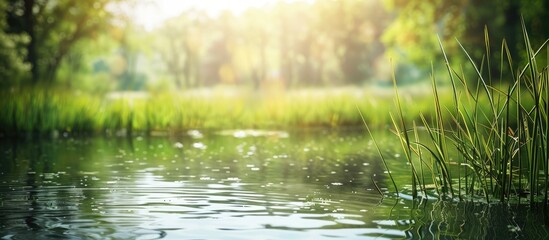 Wall Mural - Lake or pond with blurred background and area for adding text.