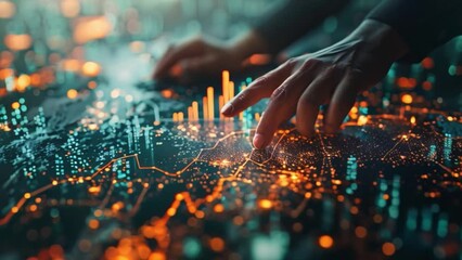 Poster - This hand interacts with a digital map displaying global connections and data.