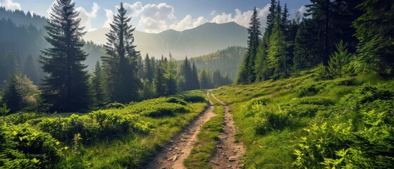 Wall Mural - Forest Path Leading to Misty Mountain Peak