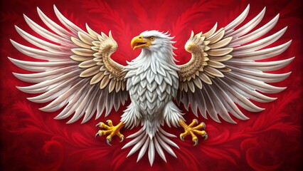 Naklejka na meble Majestic white eagle with outstretched wings and regal demeanor emblazoned on a vibrant crimson background, symbolizing national pride.