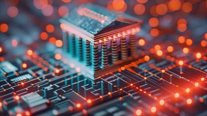 Fototapete - This 3D model of a classical building on a circuit board with glowing lights.
