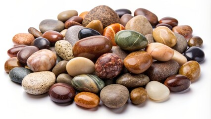 Wall Mural - Close-up of assorted rounded pebbles in varied earthy tones scattered randomly on a pristine white studio background surface.