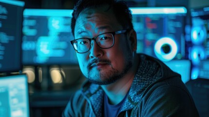 The picture of the software developer or programmer working with the computer and data inside the dark room with monitor, the developer require skills like problem solving and program language. AIG43.