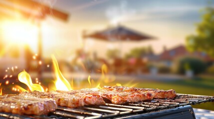 A grill with meat on it and a lot of smoke coming out of it, holiday with family and friends concept