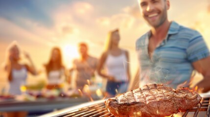 Wall Mural - A man is grilling a steak in front of a group of people, holiday with family and friends concept