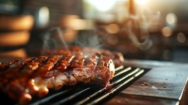 A rack of ribs is being cooked on a grill, holiday with family and friends concept