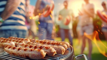 Wall Mural - A group of people are gathered around a grill with hot dogs on it, holiday with family and friends concept