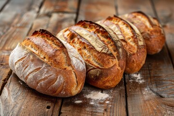 Wall Mural - artisanal sourdough bread arrangement on a weathered wooden table crusty loaves with intricate scoring patterns dusting of flour and warm natural lighting create a rustic appetizing scene