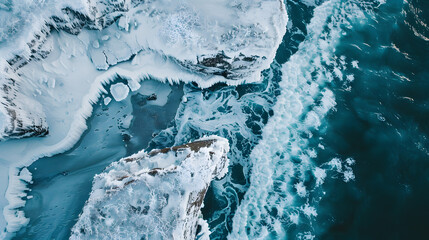 An aerial perspective of a frozen snowy cliff meeting the azure waters of the ocean, showcasing the beauty of this natural geological phenomenon