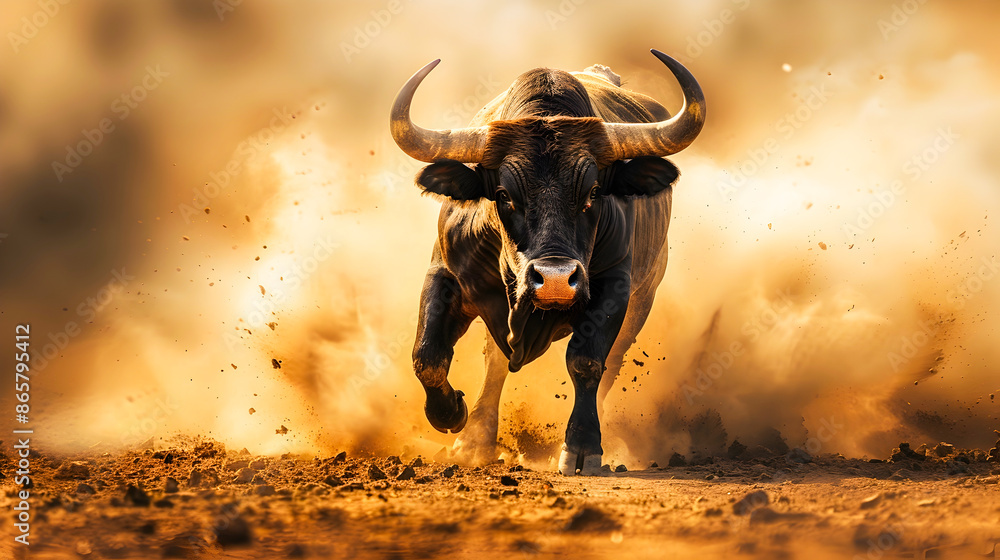Fierce and Angry Bull Thundering Down a Dusty Road Amid a Cloud of ...