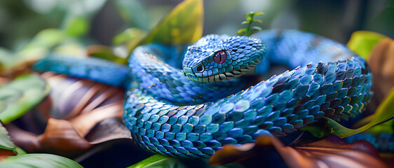 Wall Mural - Mesmerizing close up photograph of a stunning blue viper snake coiled and poised amidst the lush verdant foliage of a tropical jungle or forest environment  The reptile s vibrant scales