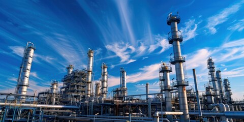 Oil refinery beneath clear blue skies and white clouds industrial beauty and travel inspiration