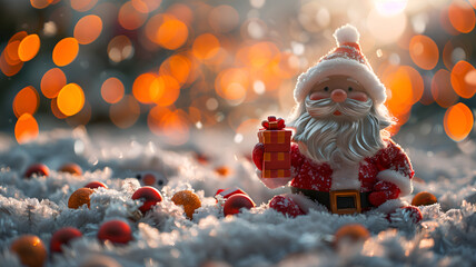 cute Santa Claus toy with gifts stands on the snow, sunlight shines through it and sparkles