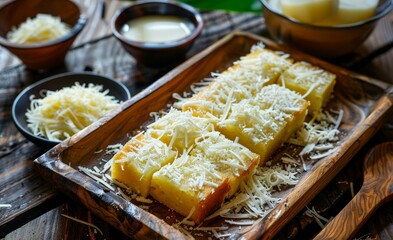 Wall Mural - Indonesian sweet cassava cake with cheese on wooden tray