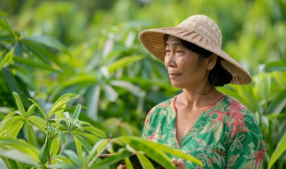 Wall Mural - Intelligent female farmer using tablet in cassava field to monitor crops Agricultural success with technology