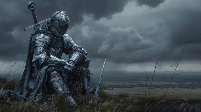 A knight is laying on the ground with a sword next to him. Generate AI image