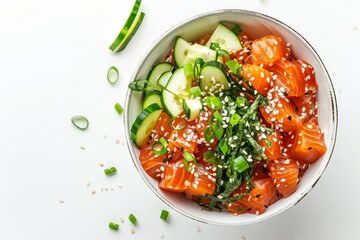 Poster - Isolated top view of Hawaiian salmon poke bowl with avocado sesame seeds and cucumber on white background
