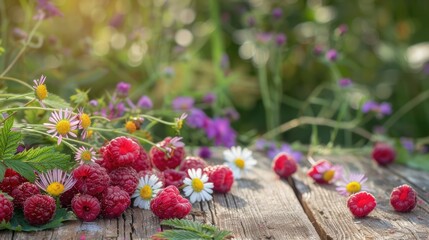 Wall Mural - Raspberries and wildflowers on wooden table in summer