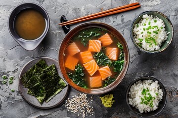 Wall Mural - Japanese soup with salmon rice seaweed on stone table Miso soup with salmon miso paste rice seaweed Gray background