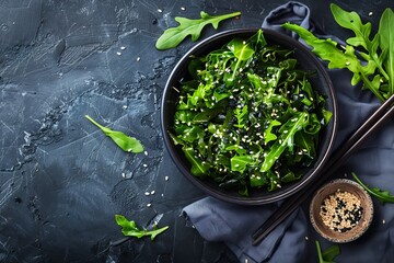 Canvas Print - Japanese wakame salad with sesame seeds healthy Asian dish Fresh seaweed salad from above