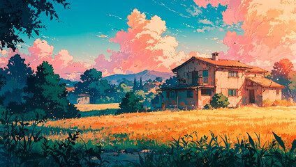 Anime Illustration of Peaceful Countryside House with Colorful Sunset Sky