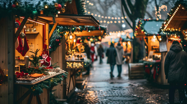 Christmas Market Stall with Decorations and Food, Photo