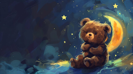 Cute Brown Teddy Bear Sitting Under a Crescent Moon and Stars Illustration