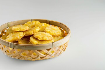 Wall Mural - Pineapple cake in bamboo basket on white background photographed in corner