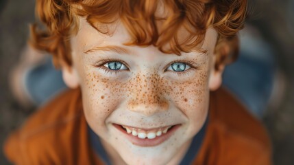 Wall Mural - A young boy with red hair and freckles smiles broadly for the camera.