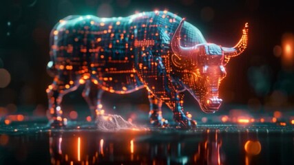 Poster - This Digital bull walking on a glowing grid in front of a black background.