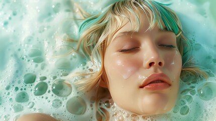 Wall Mural - A woman is floating in a bathtub filled with bubbles. Generate AI image