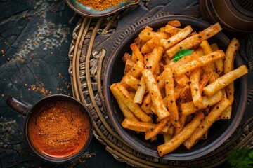 Poster - Popular Indian snack Spicy masala Cassava chips with Indian tea especially in Kerala Delicious top view snack food