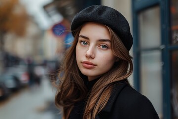 Poster - Portrait of women in beret and coat ready for travel