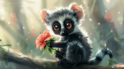 Poster - Cute Lemur Holding a Flower Illustration