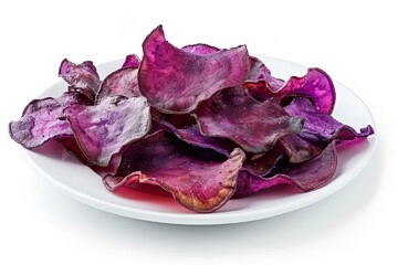 Wall Mural - Purple sweet potato chips on white plate and background