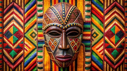 Wall Mural - Vibrant tribal patterns painted on a rustic wooden mask adorn a colorful African-inspired textile background with earthy tones.