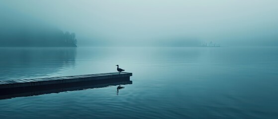 Minimalist Nature Wallpaper for Ultrawide Screen 21:9 , 
Small pier on the lake in the fog