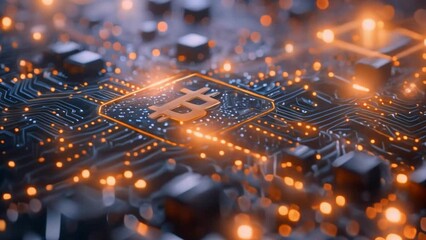 Fototapete - This glowing Bitcoin symbol on a circuit board. Funding concept