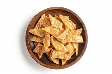 Wall Mural - Tempeh sago chips on wooden plate white background top view