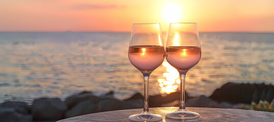 two glasses of champagne at sunset