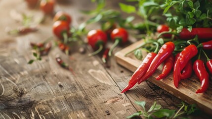 Wall Mural - Fresh red hot peppers on a wooden table