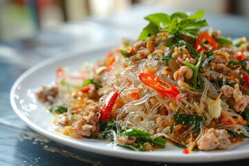 Wall Mural - Thai salad with kelp noodles minced pork in white plate
