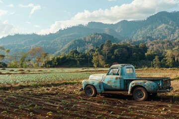 Wall Mural - The truck is parked in a new field at the foot of a mountain in Thailand