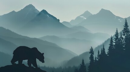 wilderness landscape with bear silhouette and misty mountains. 